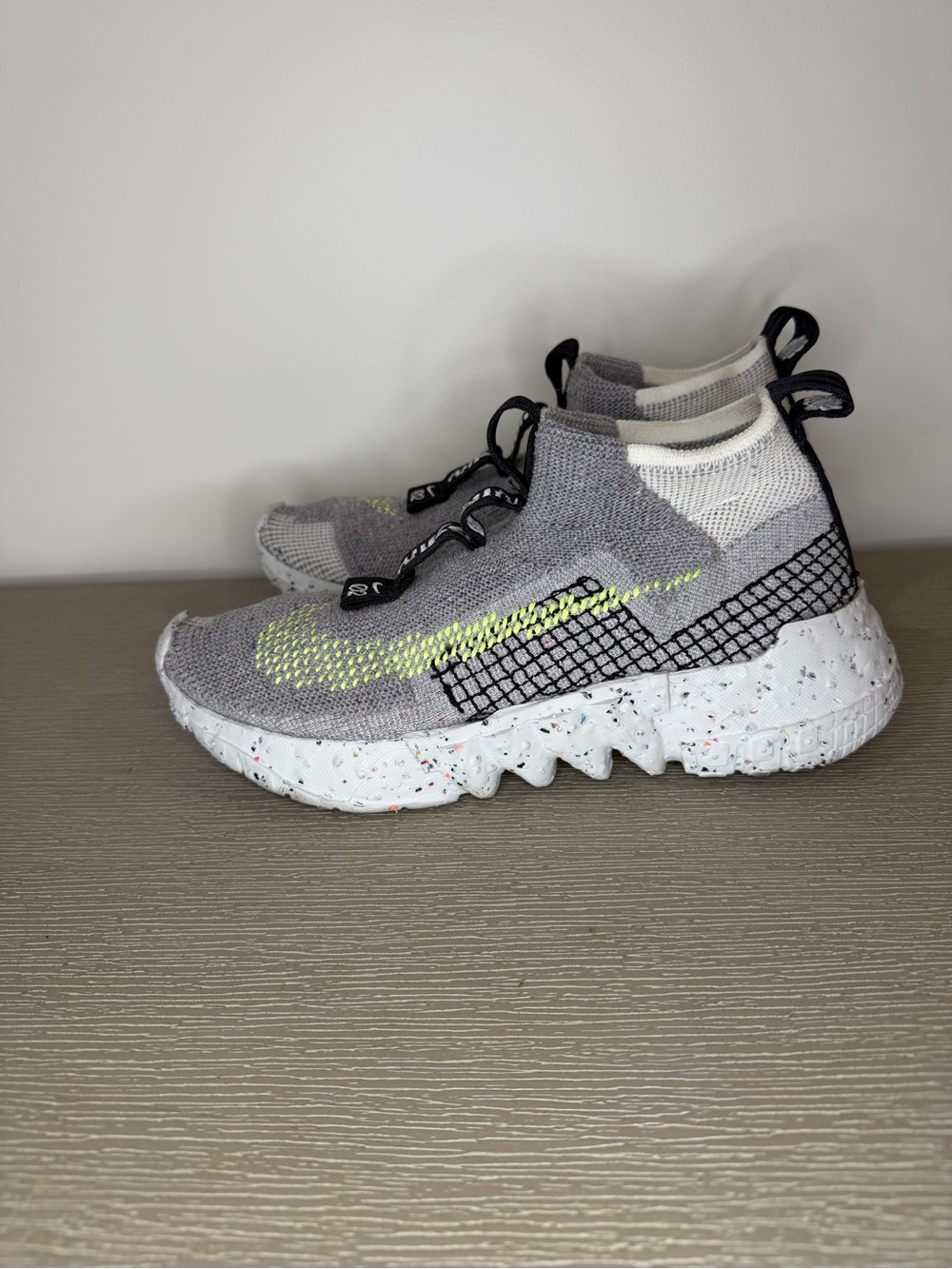 Nike Gray Knit Athletic Sneakers with Neon Yellow Swoosh